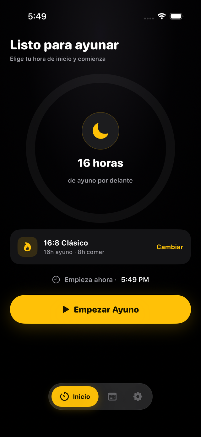 Pantalla de inicio, listo para ayunar